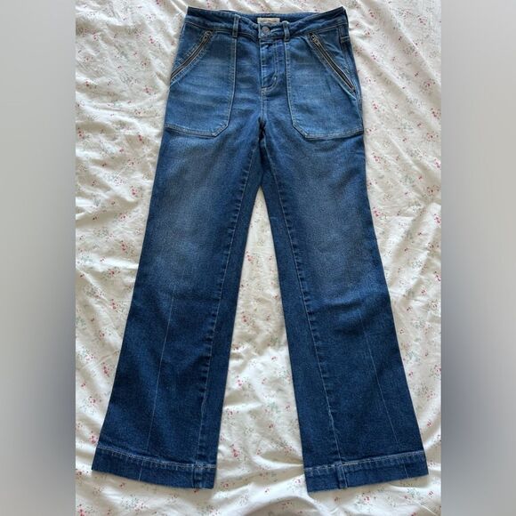 Rebecca Taylor Patchwork High Rise Flare Leg Cropped Jeans. Size 26 EUC - Picture 2 of 11